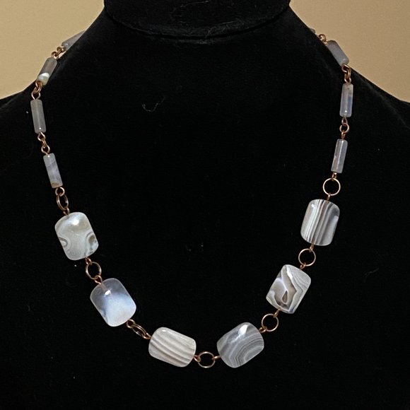 Geometric Botswana Agate Necklace, Rustic Genuine Gemstone Copper Link Necklace - Picture 4 of 11